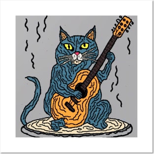 wild cat playing a guitar on birthday cake Posters and Art